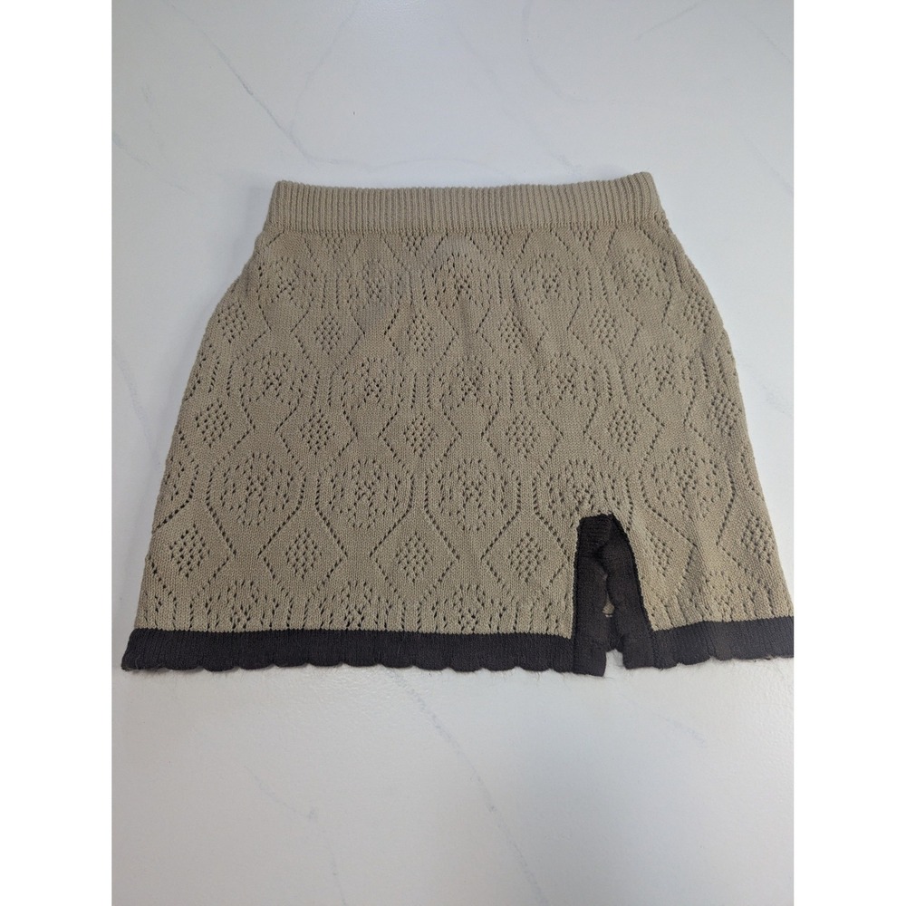 Cider Women Beige Brown Pointelle Knit Mini Skirt Diamond Pattern Size L Slit